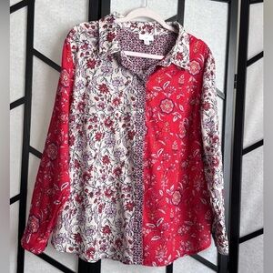 J Jill beautiful red print button down shirt. Size XL Petite